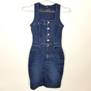 Guess Women Margot Bi Stretch Mini  Denim Dress Sz XS Blue Square Neck Y2K